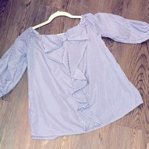 Off-Shoulder 3/4 Sleeve Pinstripe Blouse